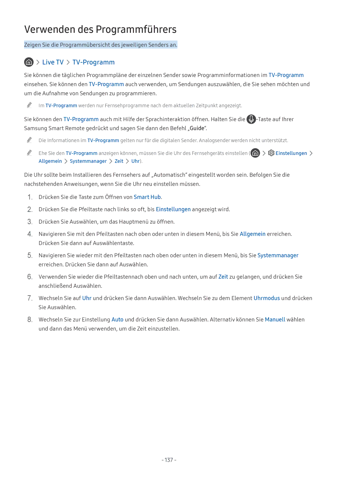 Samsung QE75Q7FAMTXXH, QE88Q9FGMTXZG, UE65MU9009TXZG, UE55MU7009TXZG, UE49MU8009TXZG manual Verwenden des Programmführers, 137 