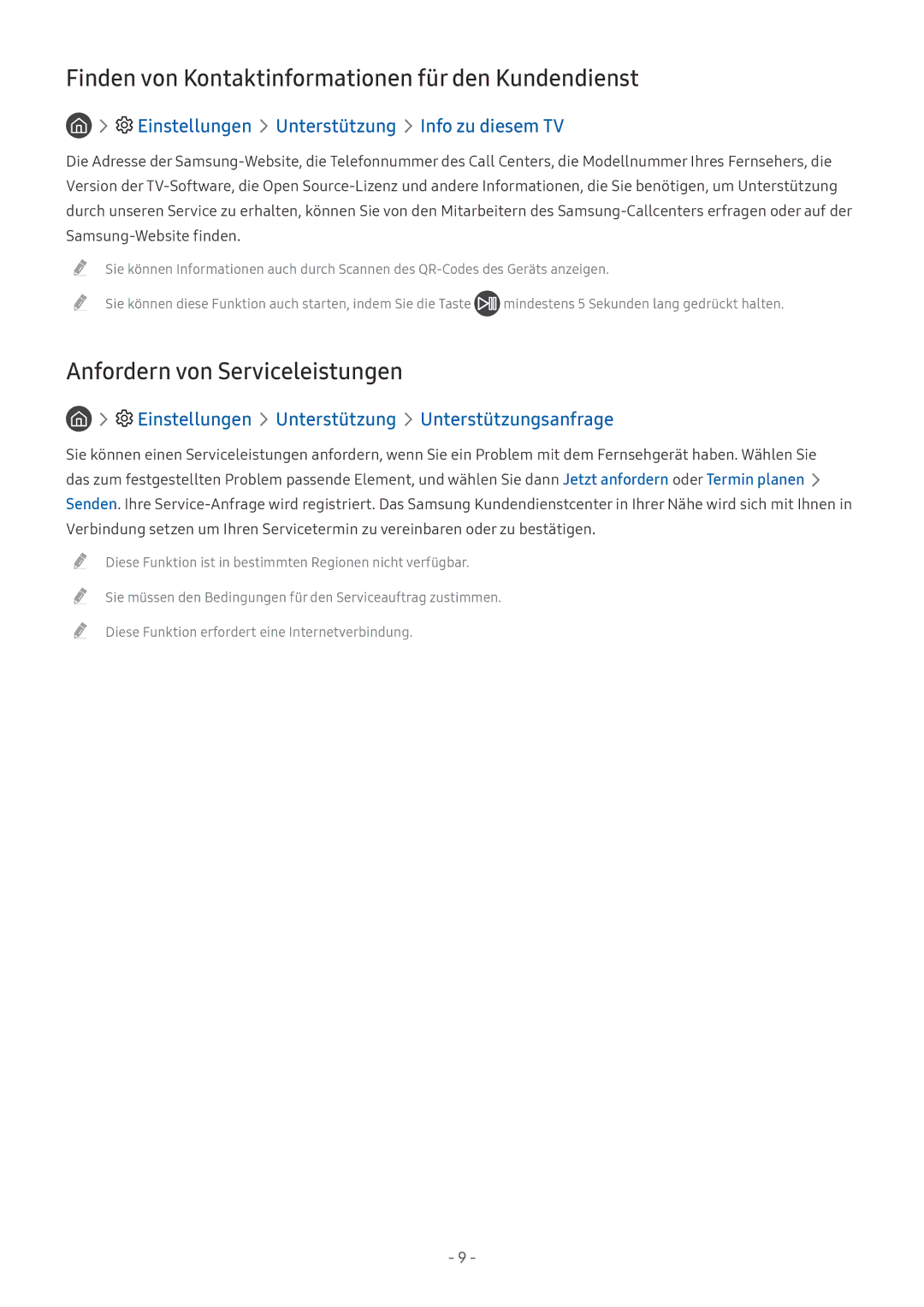 Samsung UE49MU7059TXZG manual Finden von Kontaktinformationen für den Kundendienst, Anfordern von Serviceleistungen 