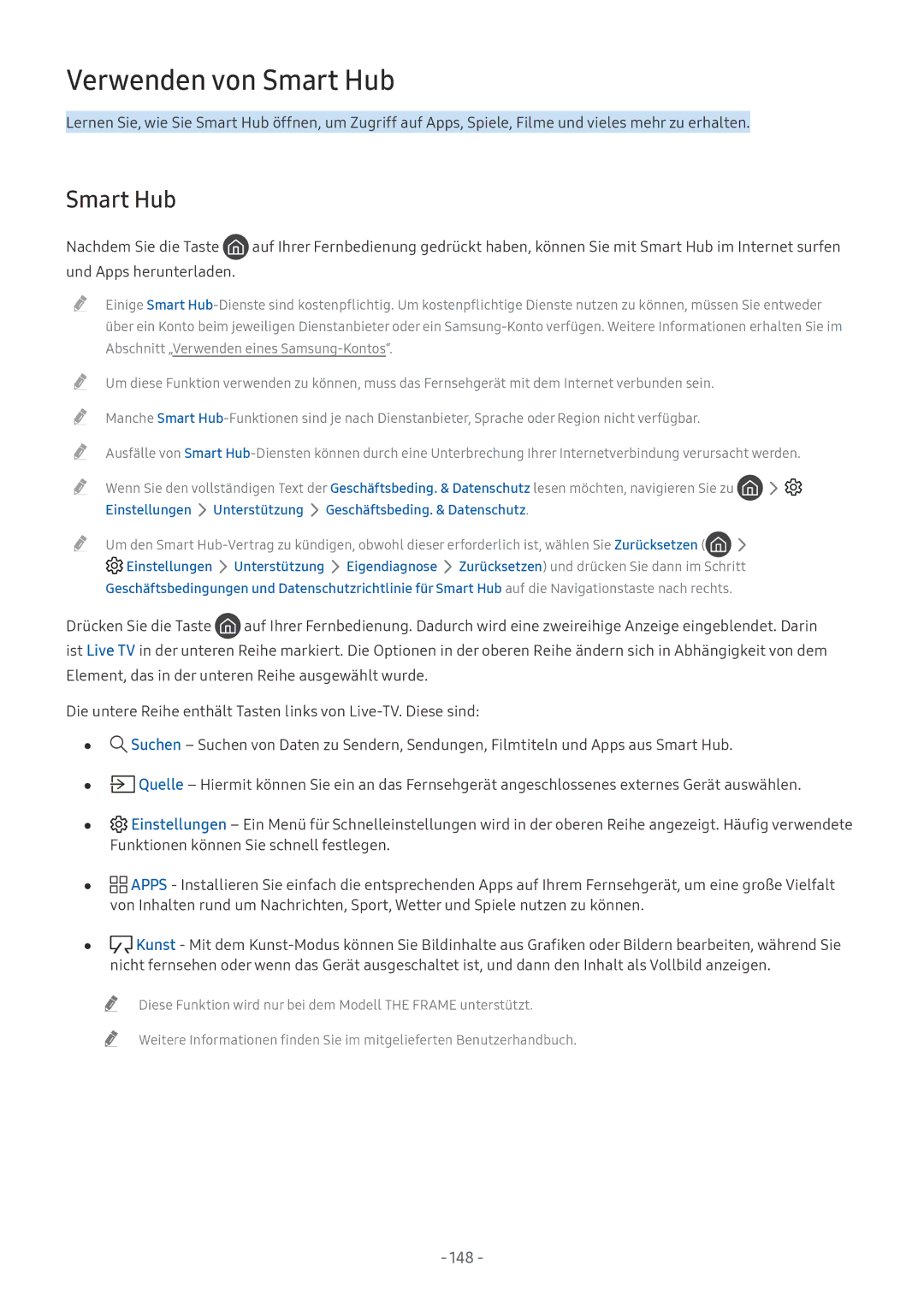 Samsung UE43MU6102KXXH, QE88Q9FGMTXZG, UE65MU9009TXZG Smart Hub, Einstellungen Unterstützung Geschäftsbeding. & Datenschutz 