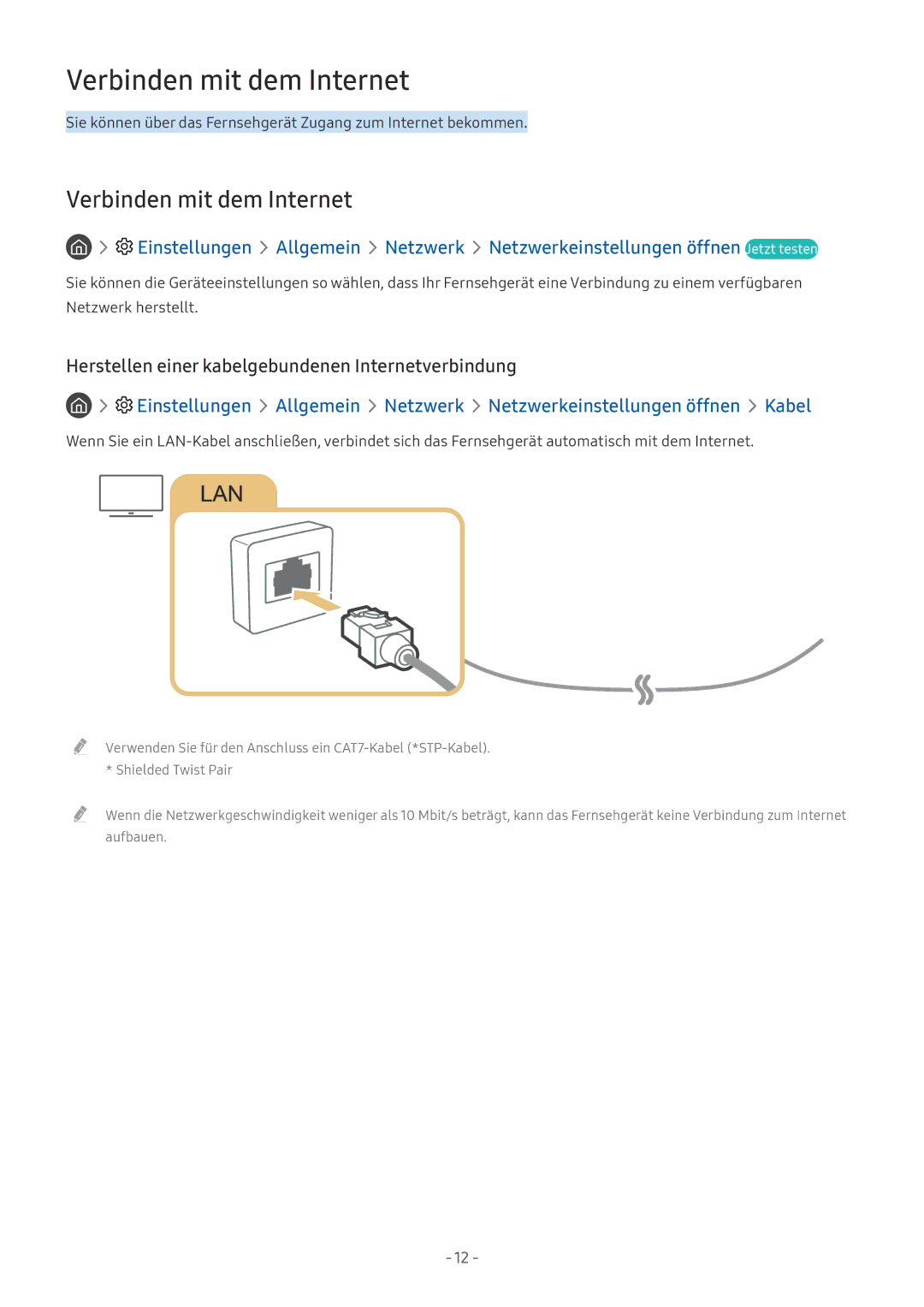 Samsung UE40MU6459UXZG, QE88Q9FGMTXZG manual Verbinden mit dem Internet, Herstellen einer kabelgebundenen Internetverbindung 