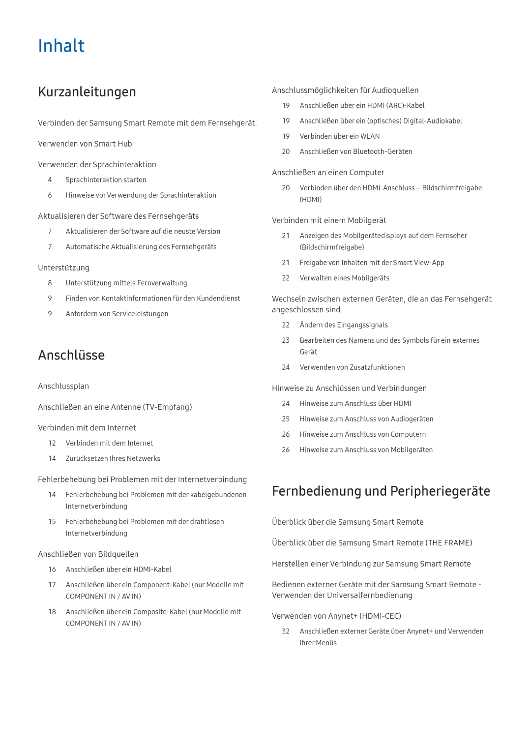 Samsung UE55MU7009TXZG, QE88Q9FGMTXZG, UE65MU9009TXZG manual Kurzanleitungen, Anschlüsse, Fernbedienung und Peripheriegeräte 