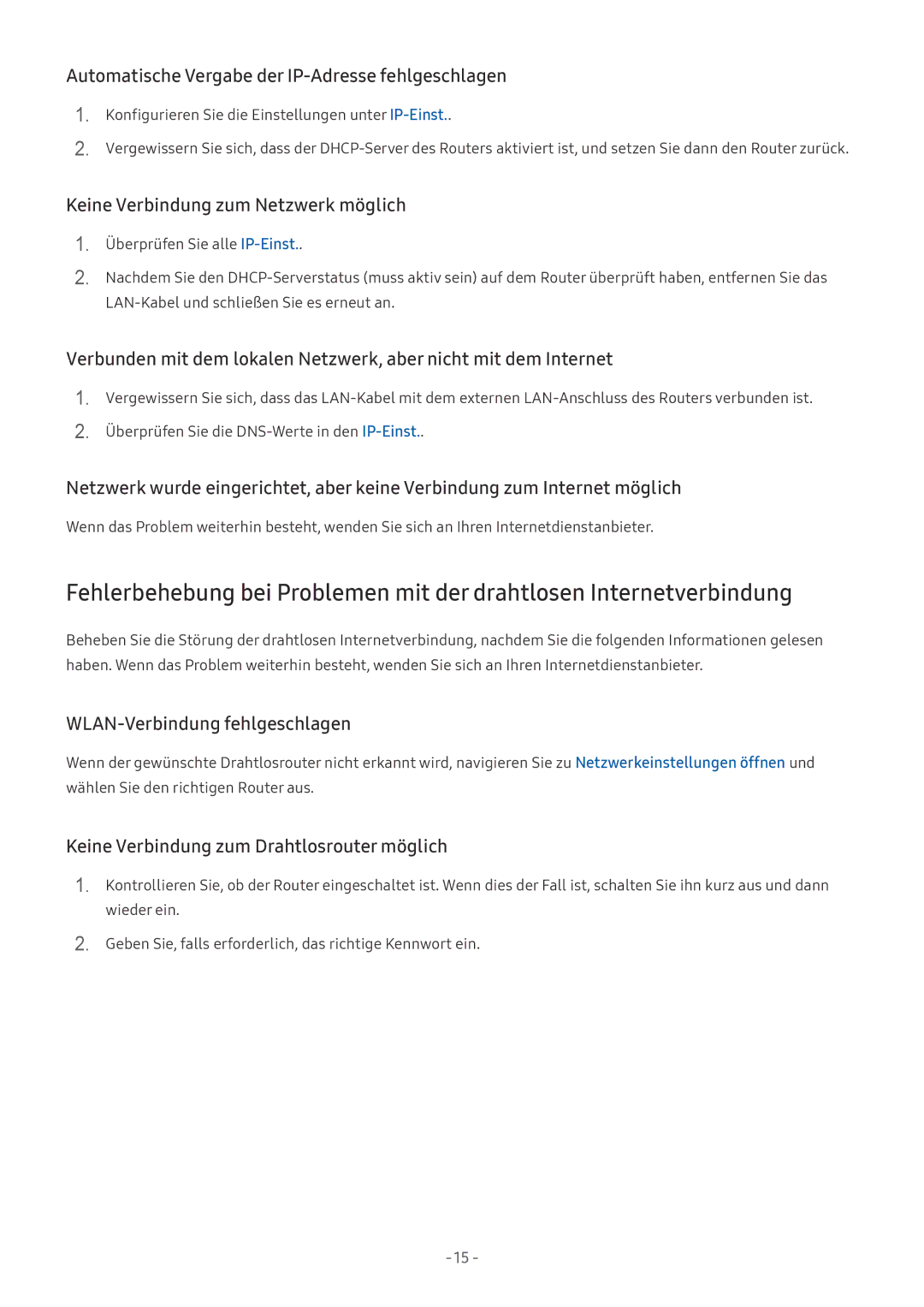 Samsung UE65MU6409UXZG manual Automatische Vergabe der IP-Adresse fehlgeschlagen, Keine Verbindung zum Netzwerk möglich 