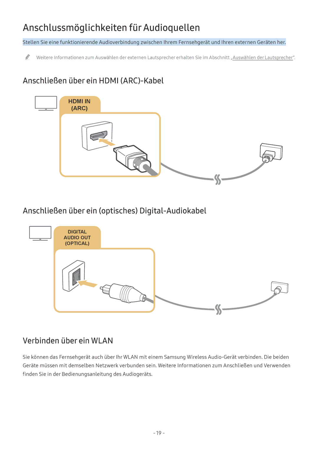 Samsung UE65MU7079TXZG, QE88Q9FGMTXZG manual Anschlussmöglichkeiten für Audioquellen, Anschließen über ein Hdmi ARC-Kabel 