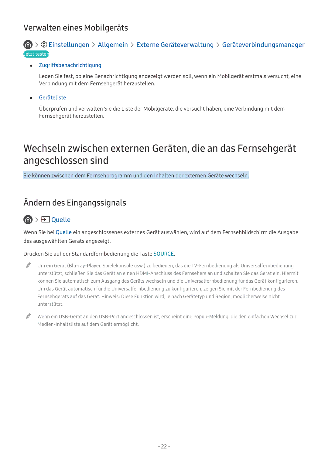 Samsung UE49MU7000TXZG Verwalten eines Mobilgeräts, Ändern des Eingangssignals, Zugriffsbenachrichtigung, Geräteliste 