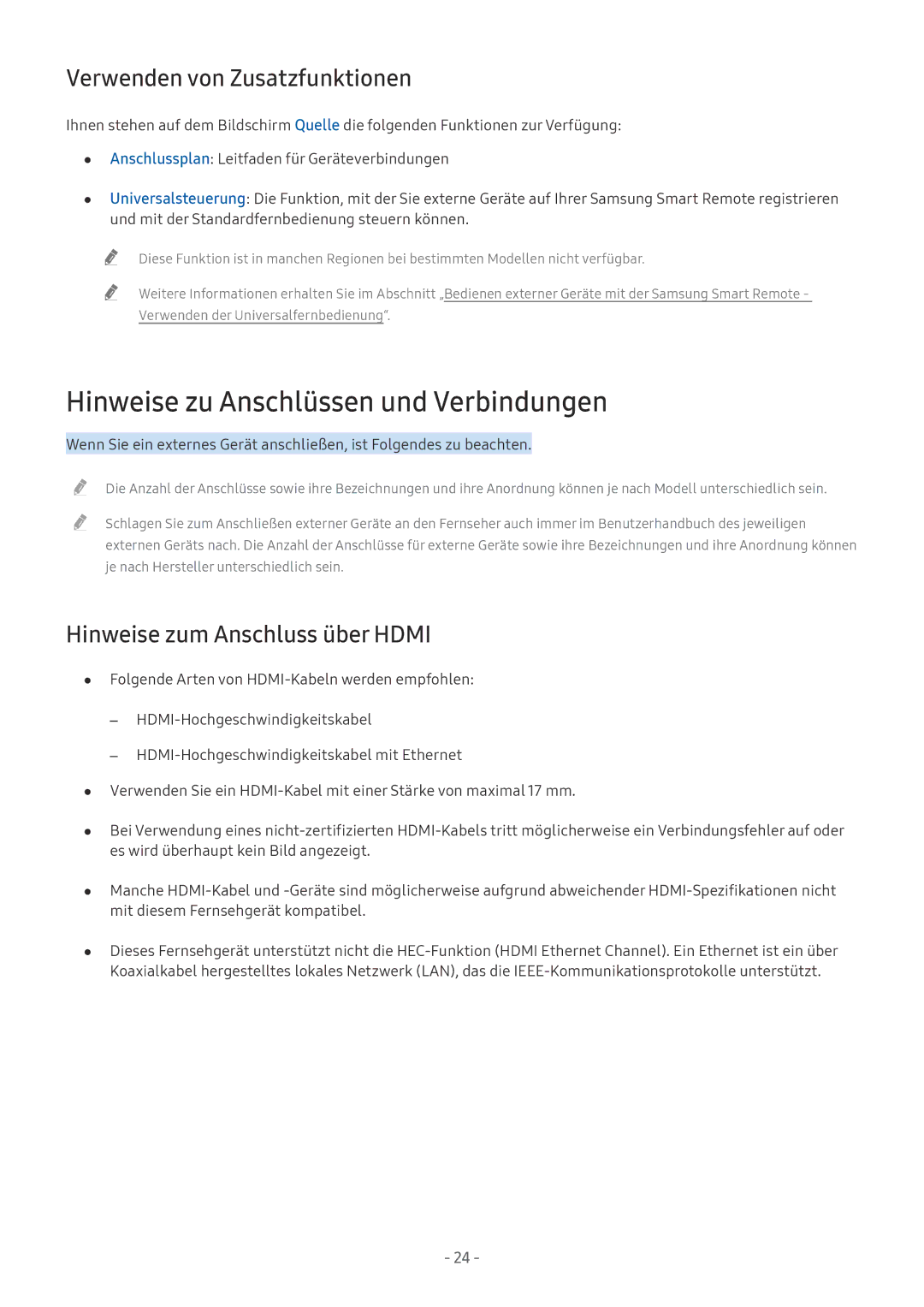 Samsung UE65MU6442UXXH, QE88Q9FGMTXZG manual Hinweise zu Anschlüssen und Verbindungen, Verwenden von Zusatzfunktionen 