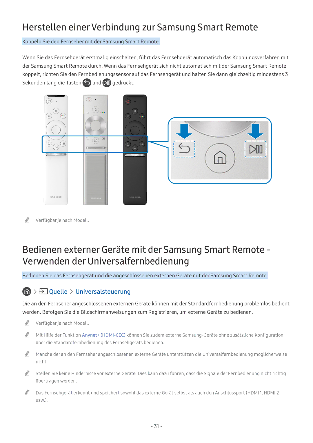 Samsung UE40MU6122KXXH, QE88Q9FGMTXZG manual Herstellen einer Verbindung zur Samsung Smart Remote, Quelle Universalsteuerung 