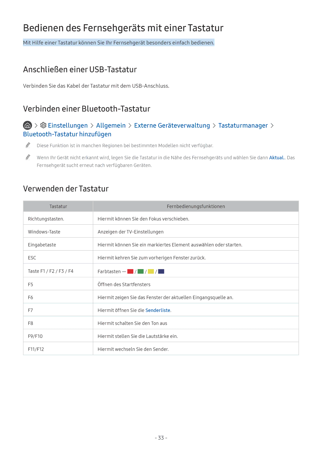 Samsung UE55MU6409UXZG, QE88Q9FGMTXZG manual Bedienen des Fernsehgeräts mit einer Tastatur, Anschließen einer USB-Tastatur 