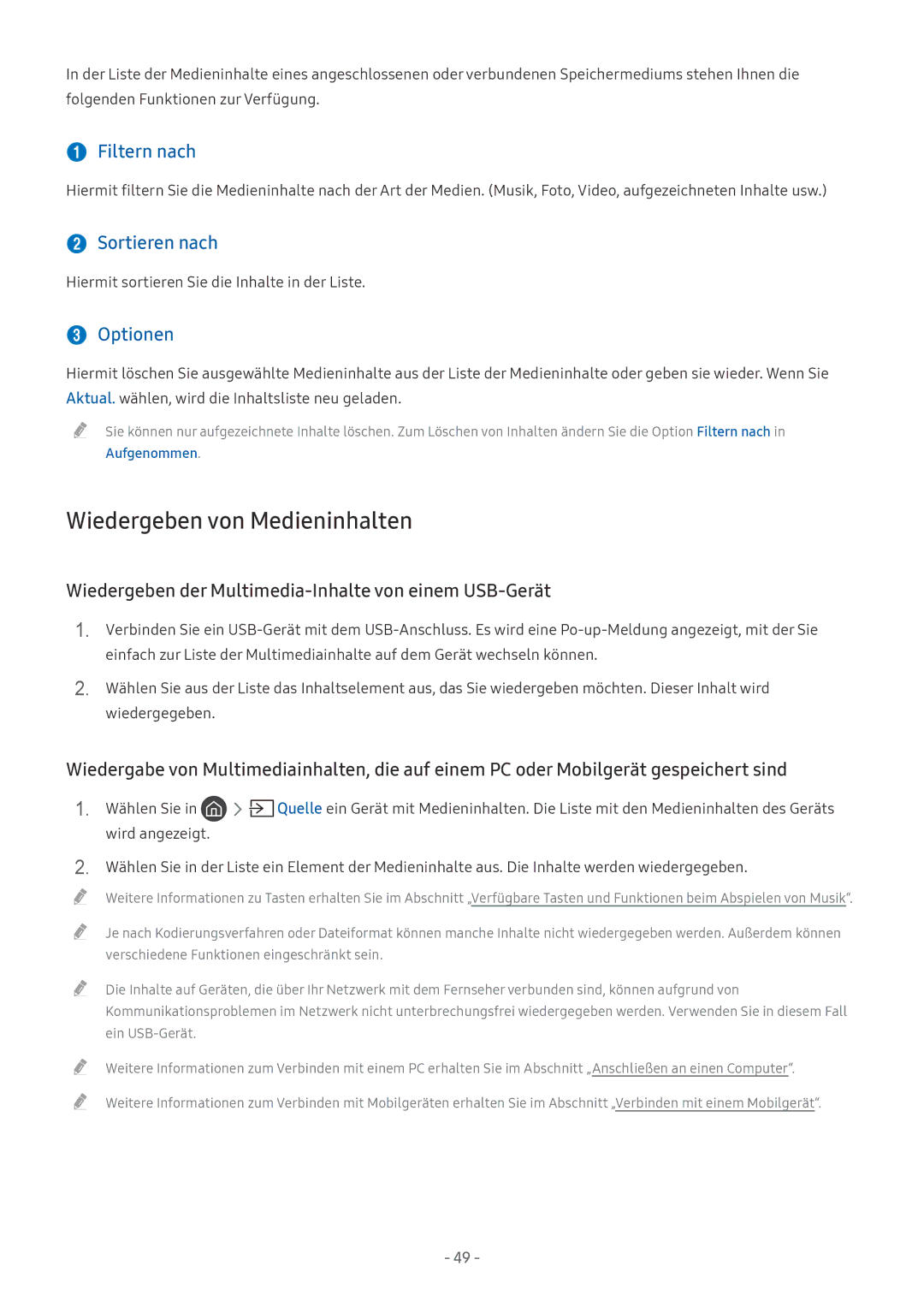 Samsung UE40MU6199UXZG, QE88Q9FGMTXZG manual Wiedergeben von Medieninhalten,  Filtern nach,  Sortieren nach,  Optionen 