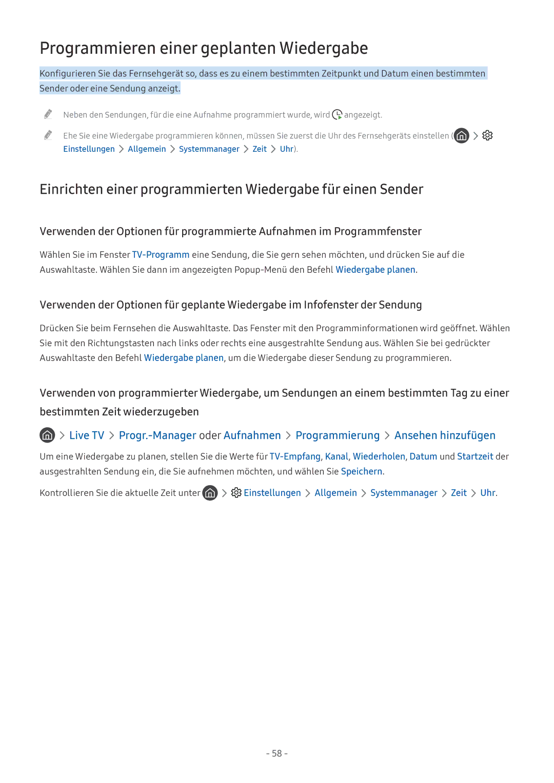 Samsung UE55LS003AUXZG manual Programmieren einer geplanten Wiedergabe, Einstellungen Allgemein Systemmanager Zeit Uhr 