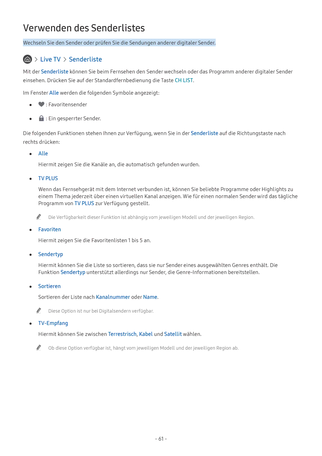 Samsung QE55Q7FGMTXZG, QE88Q9FGMTXZG, UE65MU9009TXZG, UE55MU7009TXZG manual Verwenden des Senderlistes, Live TV Senderliste 