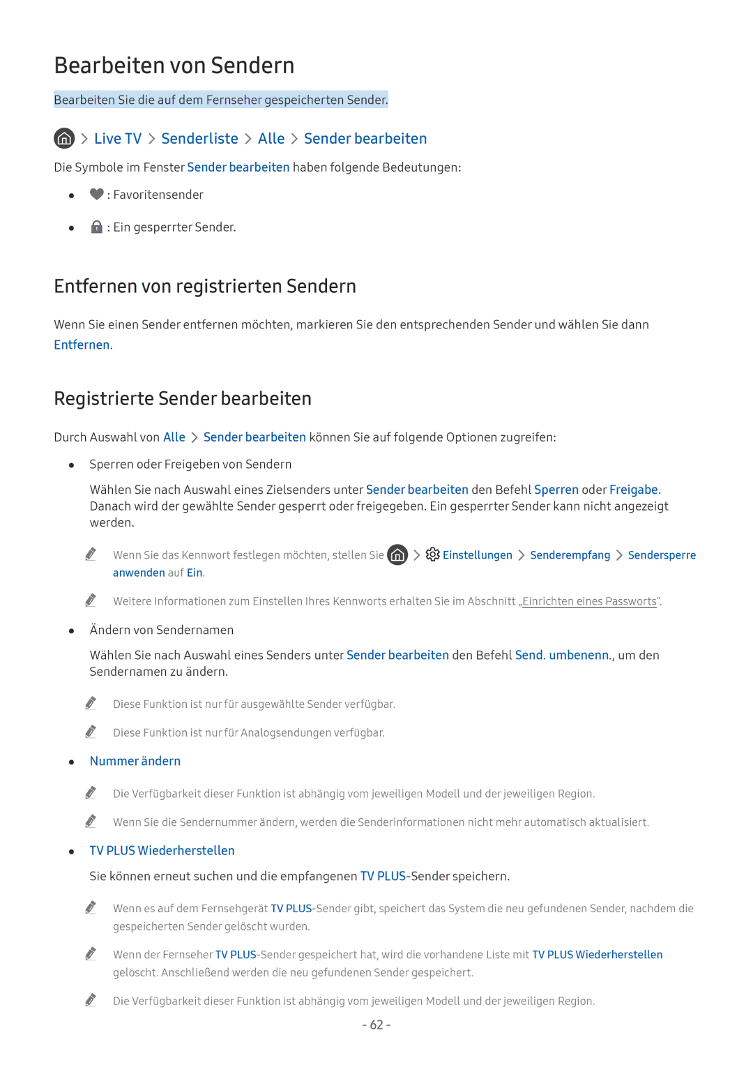 Samsung UE43MU6179UXZG manual Bearbeiten von Sendern, Entfernen von registrierten Sendern, Registrierte Sender bearbeiten 