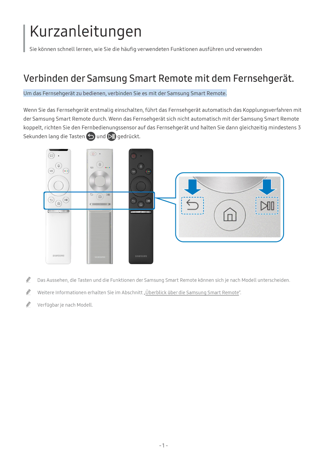 Samsung UE65MU6449UXZG, QE88Q9FGMTXZG manual Kurzanleitungen, Verbinden der Samsung Smart Remote mit dem Fernsehgerät 