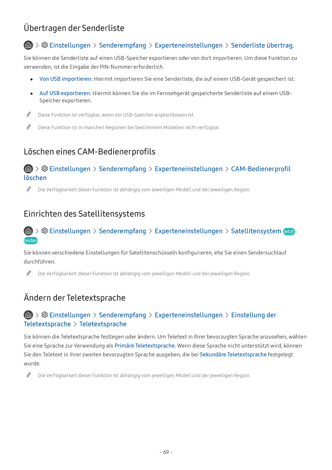 Samsung UE49MU6479UXZG Übertragen der Senderliste, Löschen eines CAM-Bedienerprofils, Einrichten des Satellitensystems 