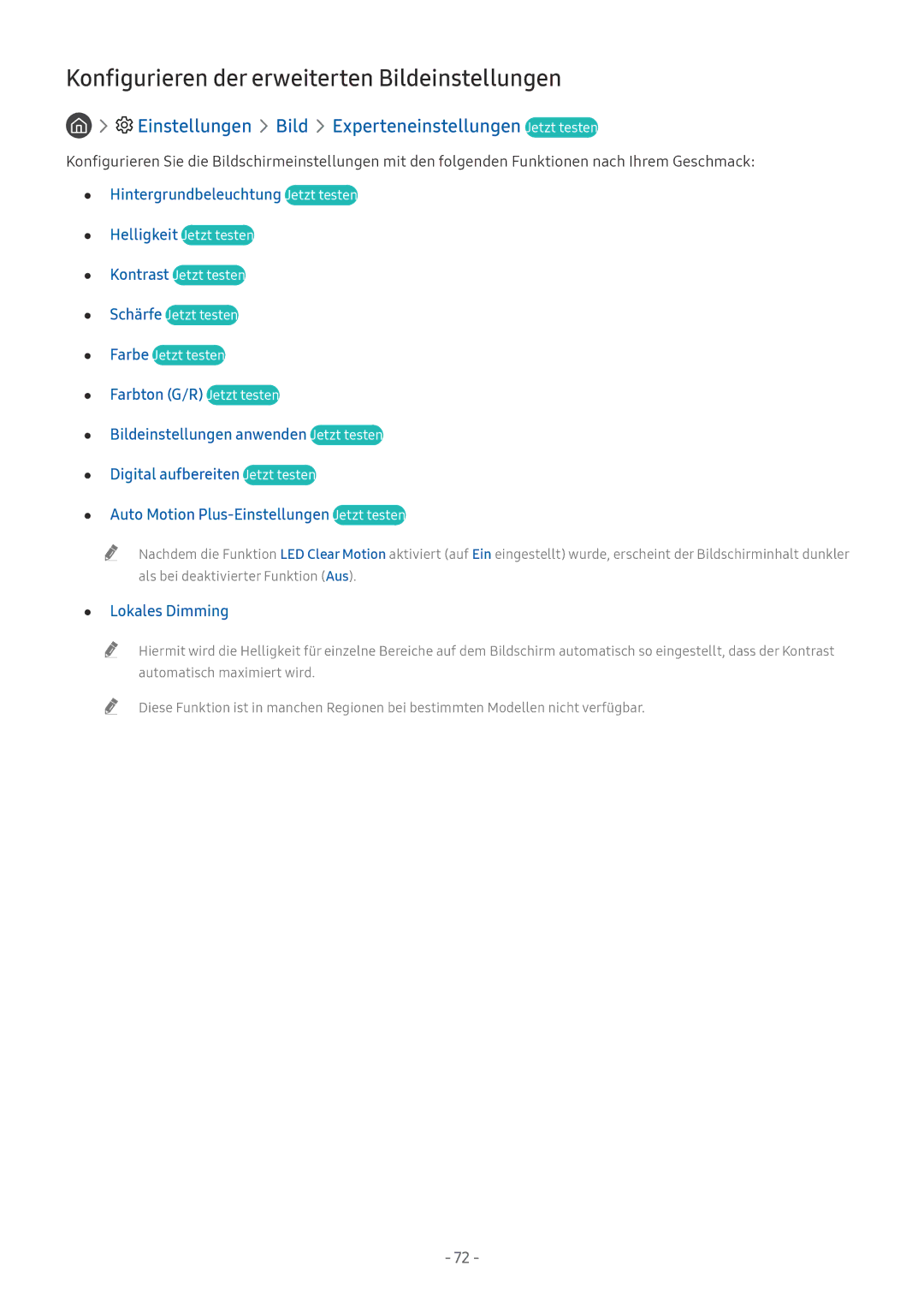 Samsung UE55MU6459UXZG, QE88Q9FGMTXZG, UE65MU9009TXZG manual Konfigurieren der erweiterten Bildeinstellungen, Lokales Dimming 