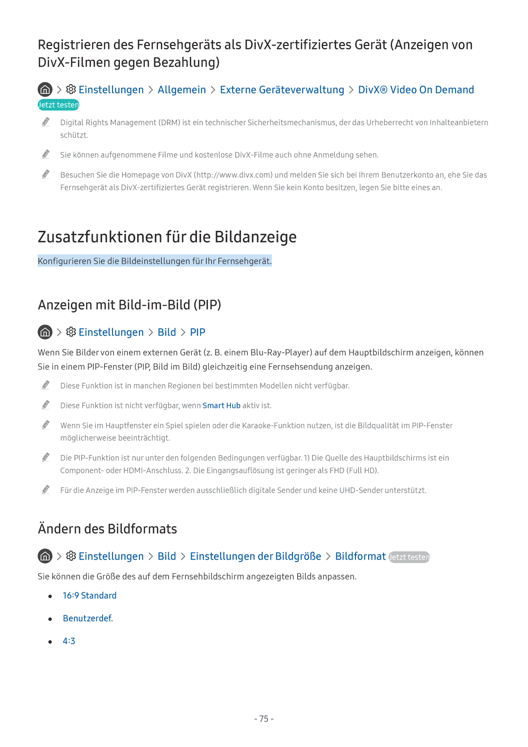 Samsung UE55MU6279UXZG manual Zusatzfunktionen für die Bildanzeige, Anzeigen mit Bild-im-Bild PIP, Ändern des Bildformats 