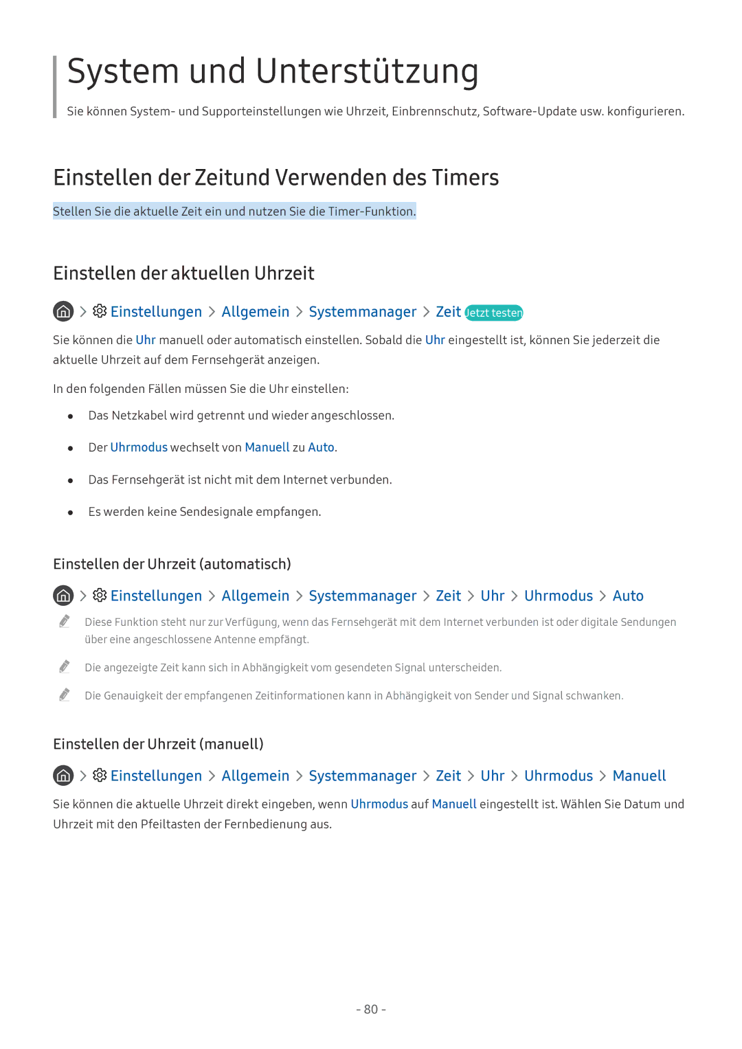 Samsung UE65MU6199UXZG, QE88Q9FGMTXZG manual Einstellen der Zeitund Verwenden des Timers, Einstellen der aktuellen Uhrzeit 