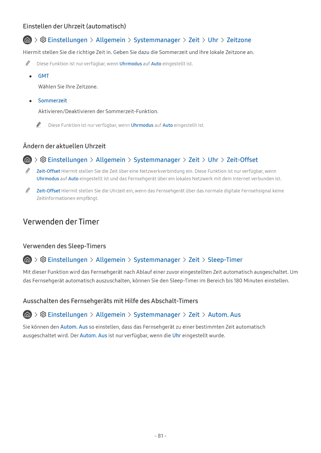 Samsung UE75MU7000TXZG, QE88Q9FGMTXZG manual Verwenden der Timer, Einstellungen Allgemein Systemmanager Zeit Uhr Zeitzone 