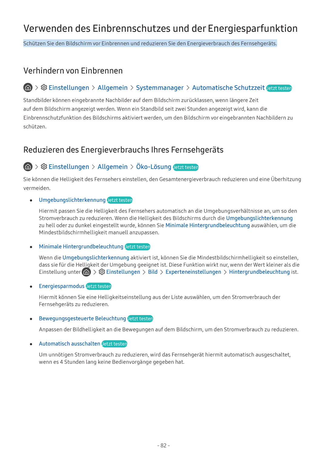 Samsung UE75MU8002TXXH manual Verwenden des Einbrennschutzes und der Energiesparfunktion, Verhindern von Einbrennen 