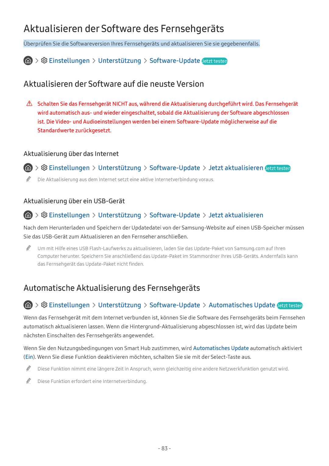 Samsung UE75MU7002TXXH, QE88Q9FGMTXZG, UE65MU9009TXZG, UE55MU7009TXZG manual Aktualisieren der Software des Fernsehgeräts 