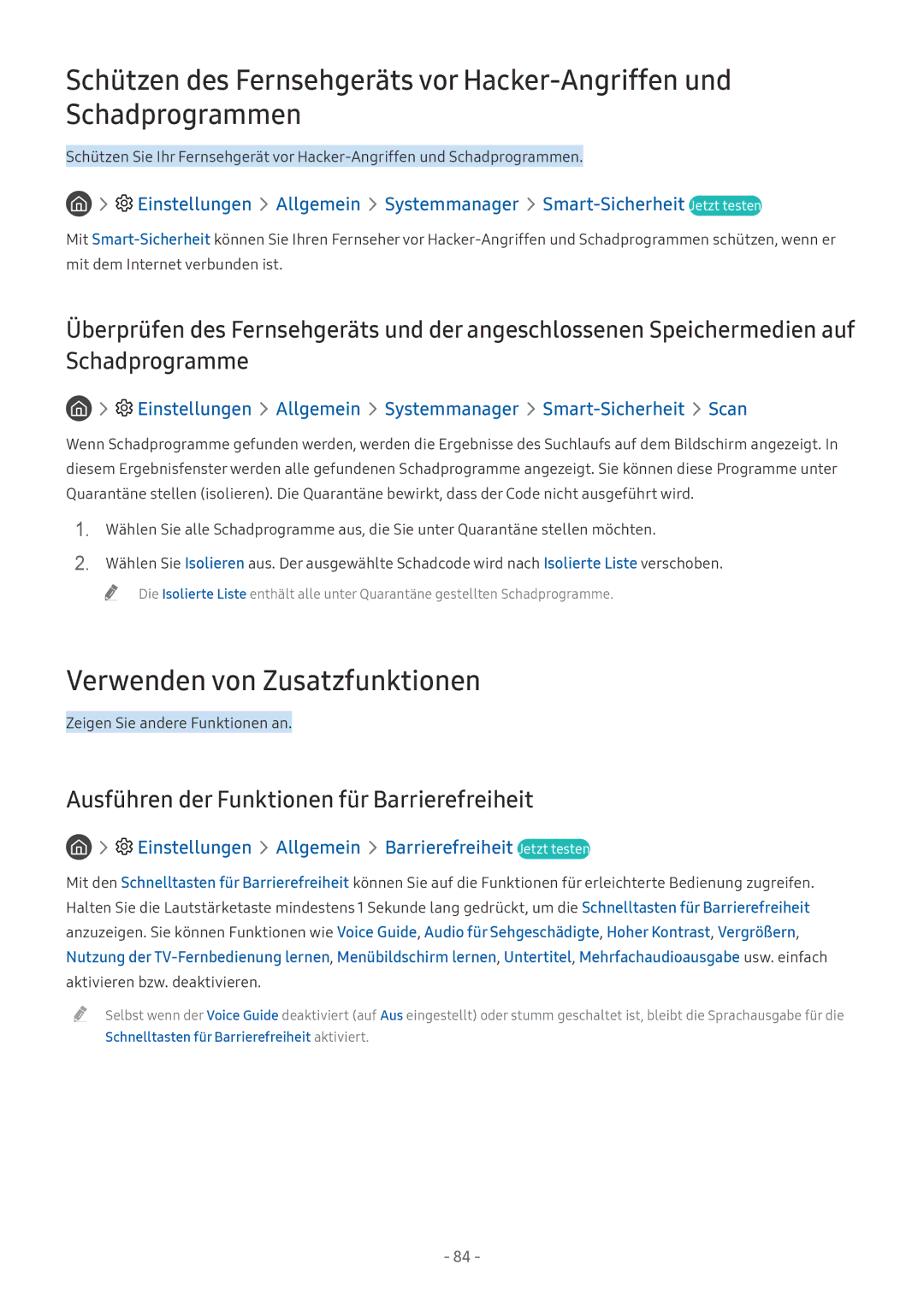 Samsung UE65MU8002TXXH, QE88Q9FGMTXZG manual Verwenden von Zusatzfunktionen, Ausführen der Funktionen für Barrierefreiheit 