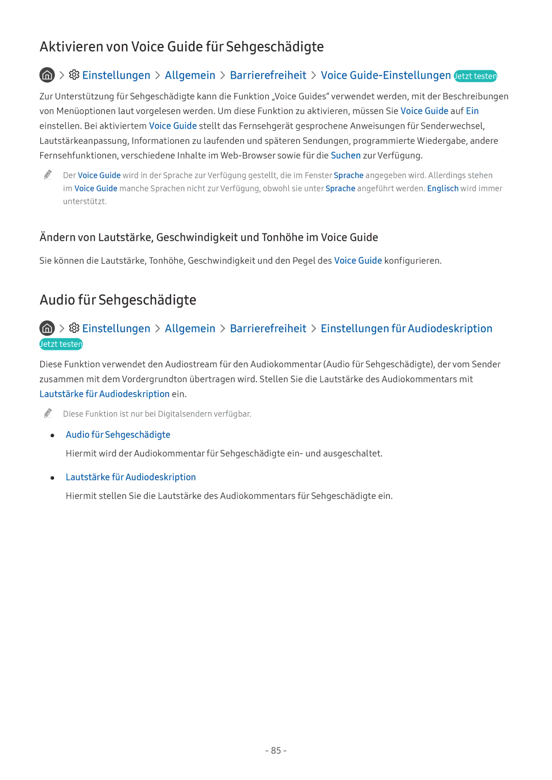 Samsung UE65MU6470UXZG, QE88Q9FGMTXZG manual Aktivieren von Voice Guide für Sehgeschädigte, Audio für Sehgeschädigte 