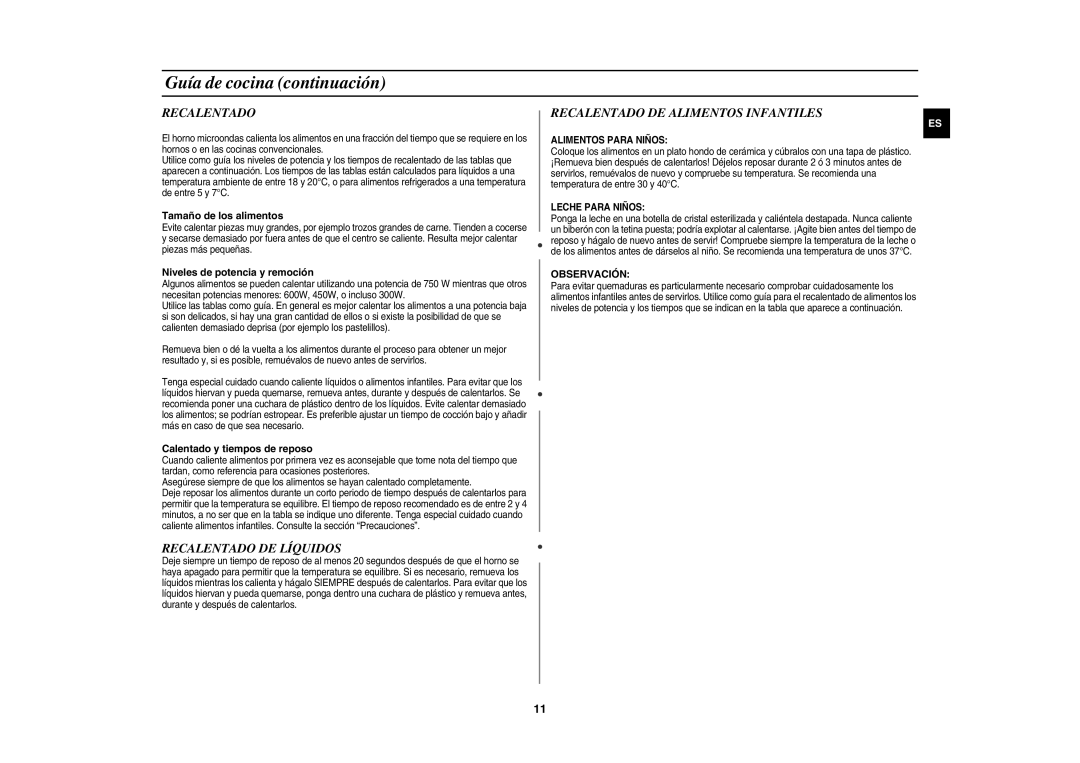 Samsung QW71X/XEC manual Recalentado DE Alimentos Infantiles, Recalentado DE Líquidos, Observación 