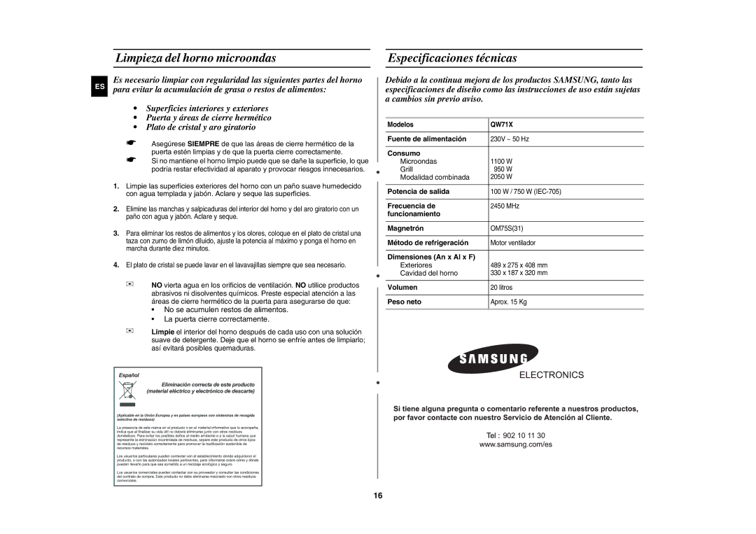 Samsung QW71X/XEC manual Limpieza del horno microondas Especificaciones técnicas 