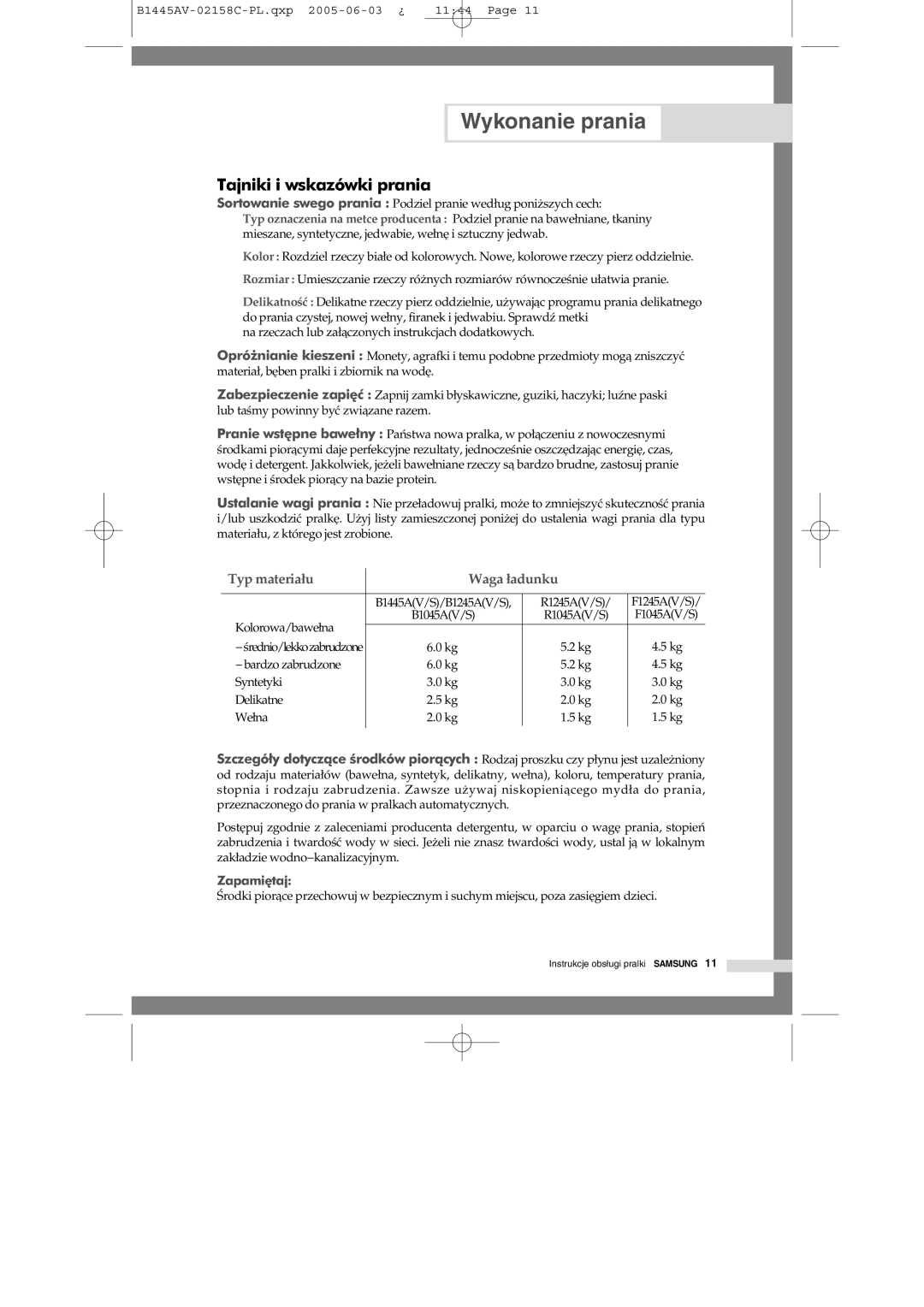 Samsung R1045AVGW1/XEO, R1045AVGW1XEH manual Tajniki i wskazówki prania, Typ materiału Waga ładunku 