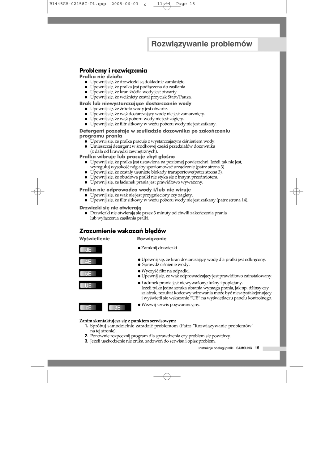 Samsung R1045AVGW1/XEO, R1045AVGW1XEH manual Rozwiązywanie problemów, Problemy i rozwiązania, Zrozumienie wskazań błędów 