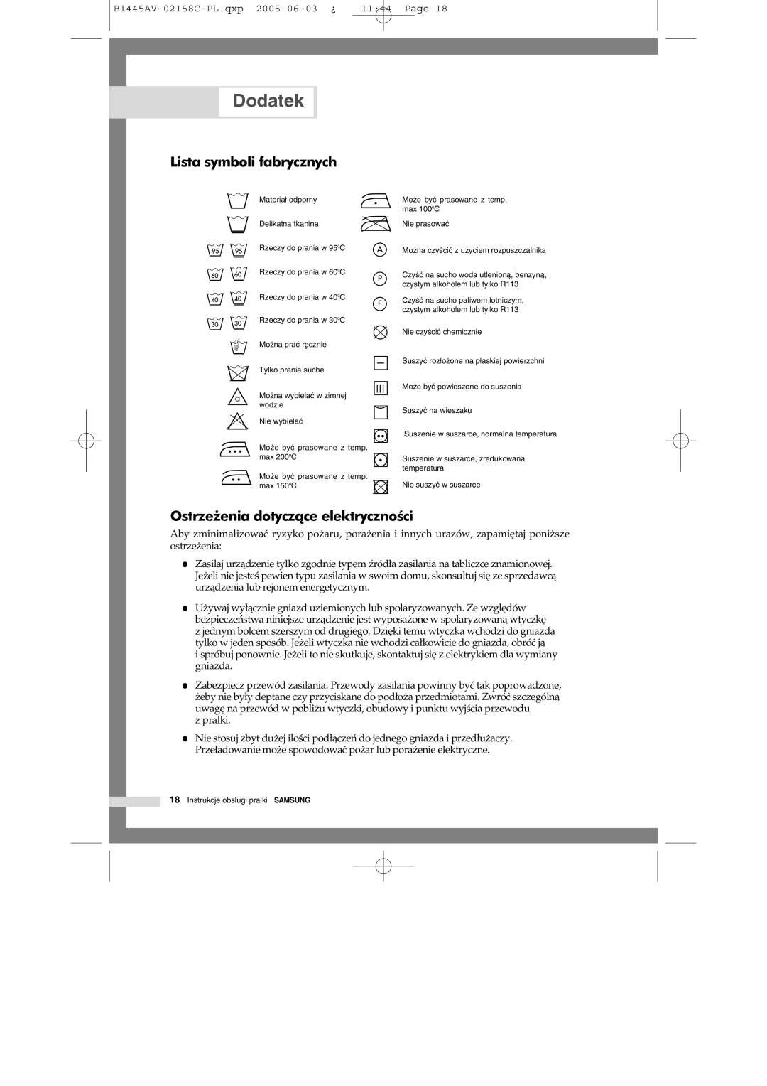 Samsung R1045AVGW1XEH, R1045AVGW1/XEO manual Dodatek, Lista symboli fabrycznych, Ostrzeżenia dotyczące elektryczności 