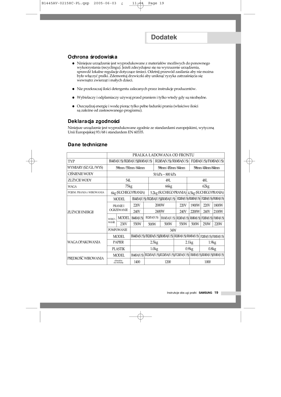 Samsung R1045AVGW1/XEO, R1045AVGW1XEH manual Ochrona środowiska, Deklaracja zgodności, Dane techniczne 