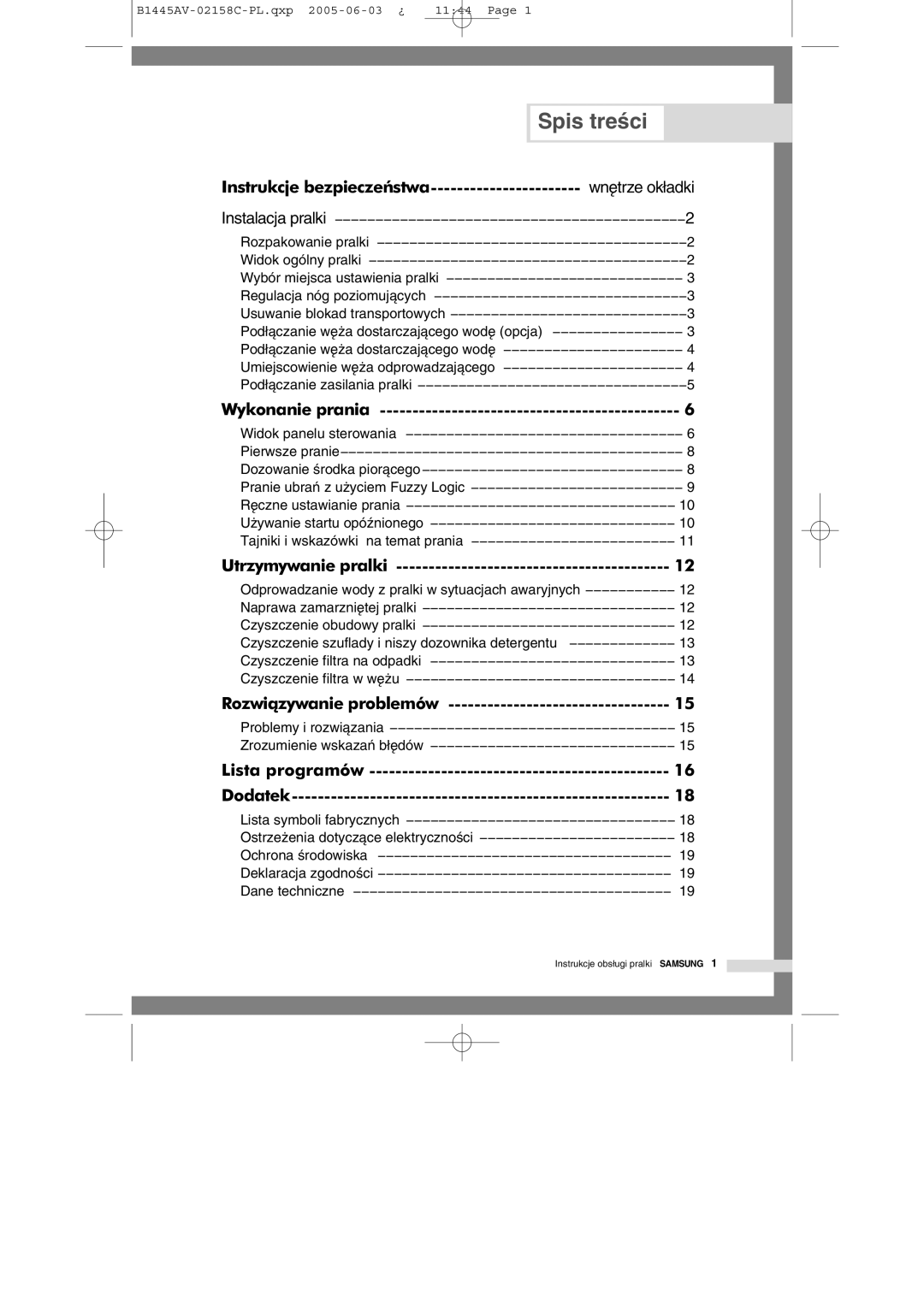 Samsung R1045AVGW1/XEO, R1045AVGW1XEH manual Spis treści, Wnętrze okładki 