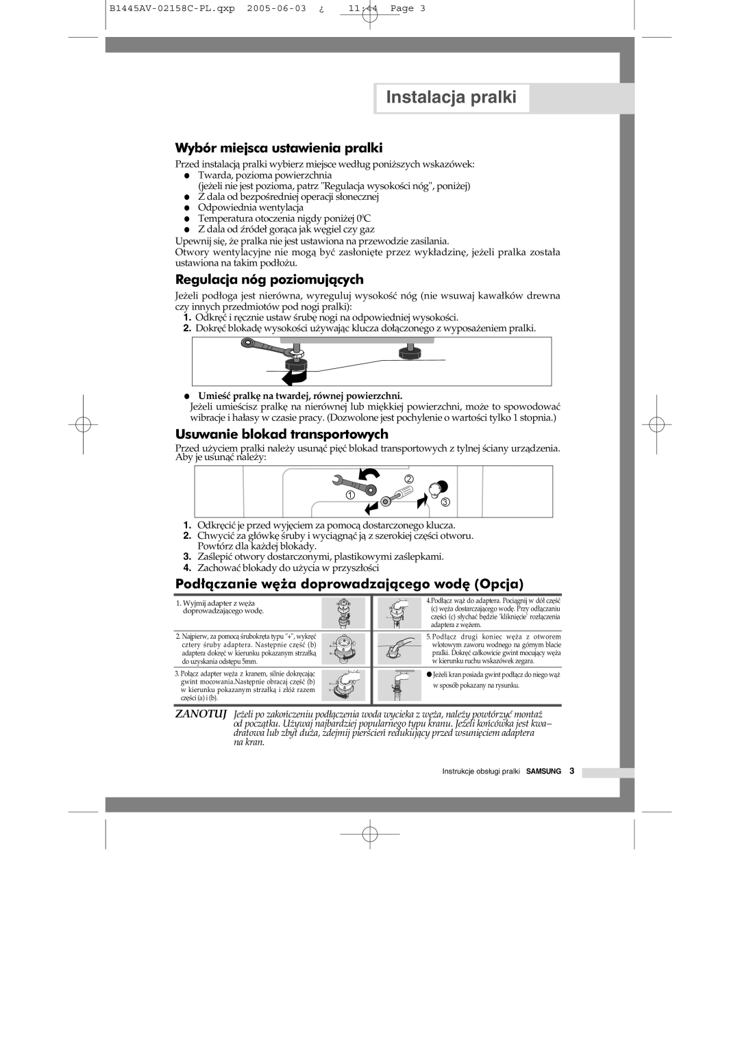 Samsung R1045AVGW1/XEO manual Wybór miejsca ustawienia pralki, Regulacja nóg poziomujących, Usuwanie blokad transportowych 