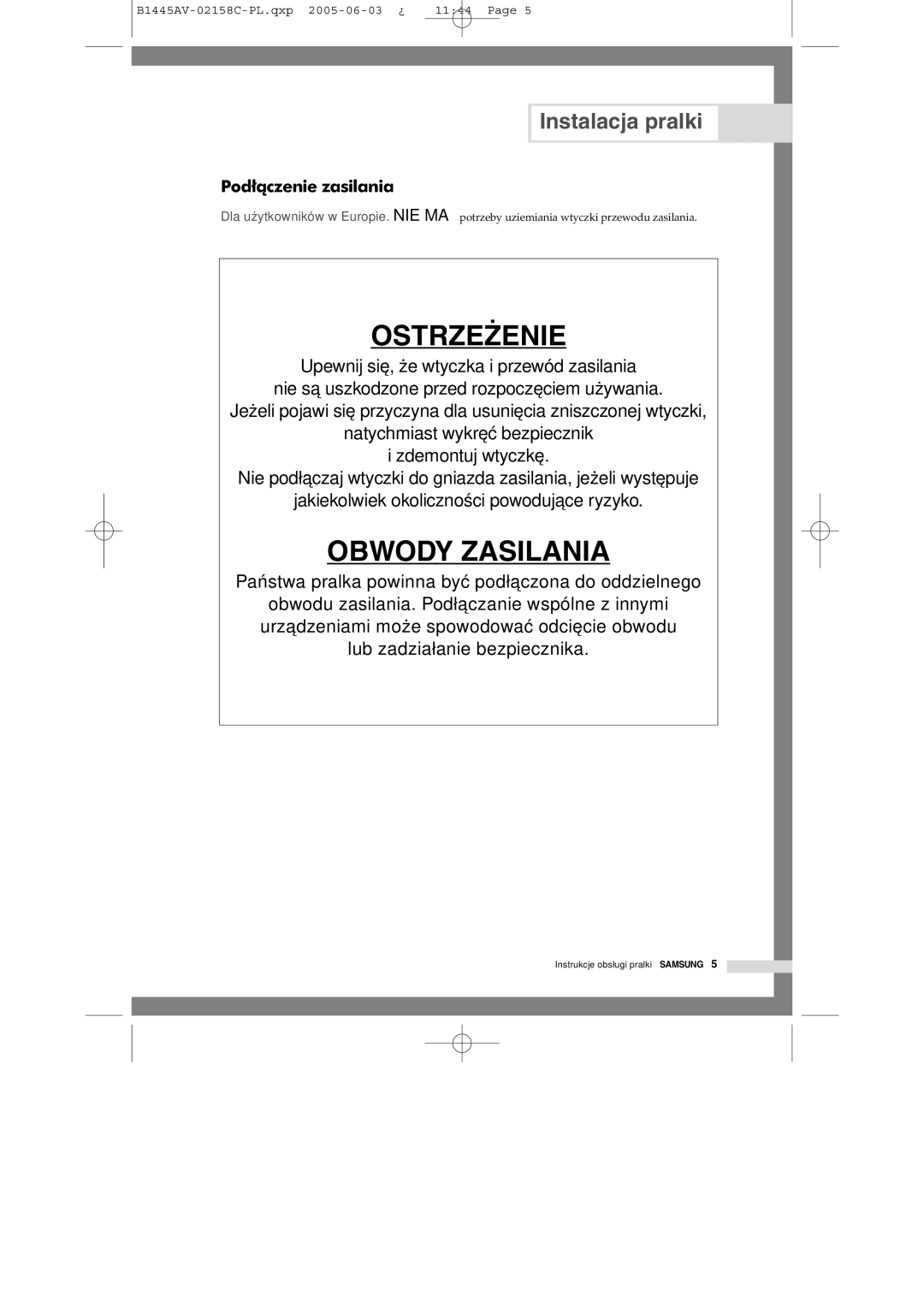 Samsung R1045AVGW1/XEO, R1045AVGW1XEH manual Ostrzeżenie, Podłączenie zasilania 