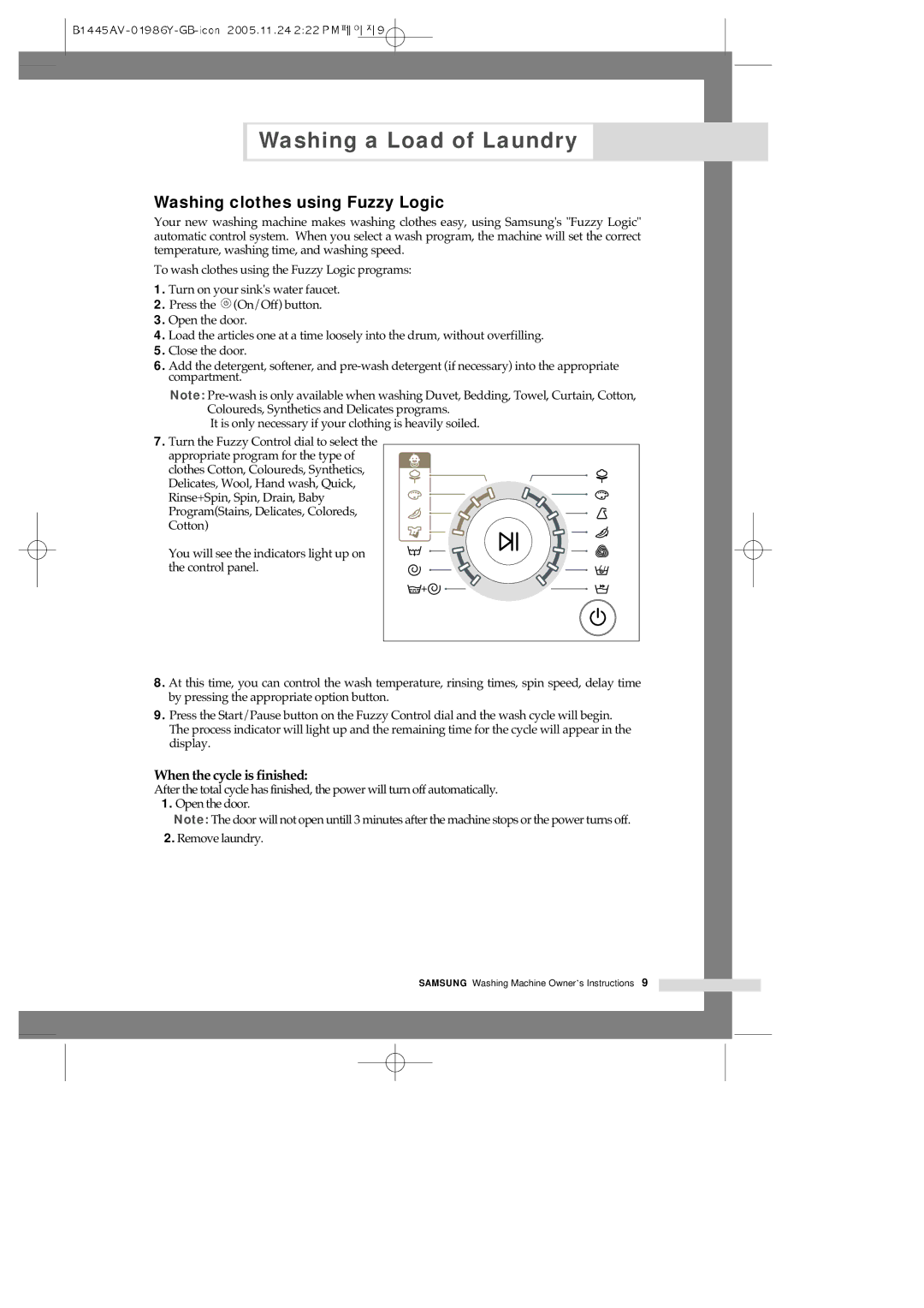 Samsung R1045AVGW1/XEH manual Washing clothes using Fuzzy Logic, When the cycle is finished 