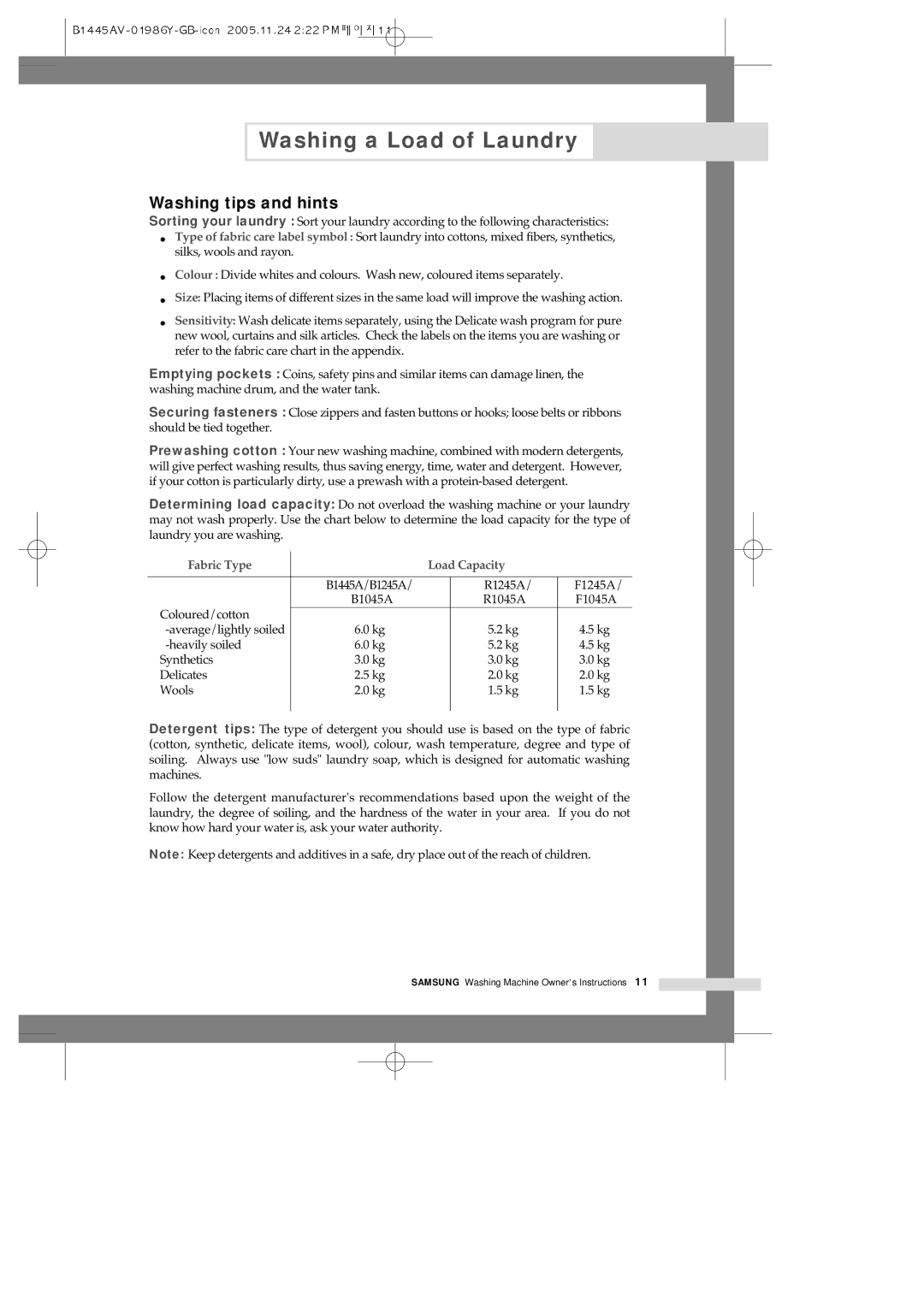 Samsung R1045AVGW1/XEH manual Washing tips and hints, Fabric Type Load Capacity 