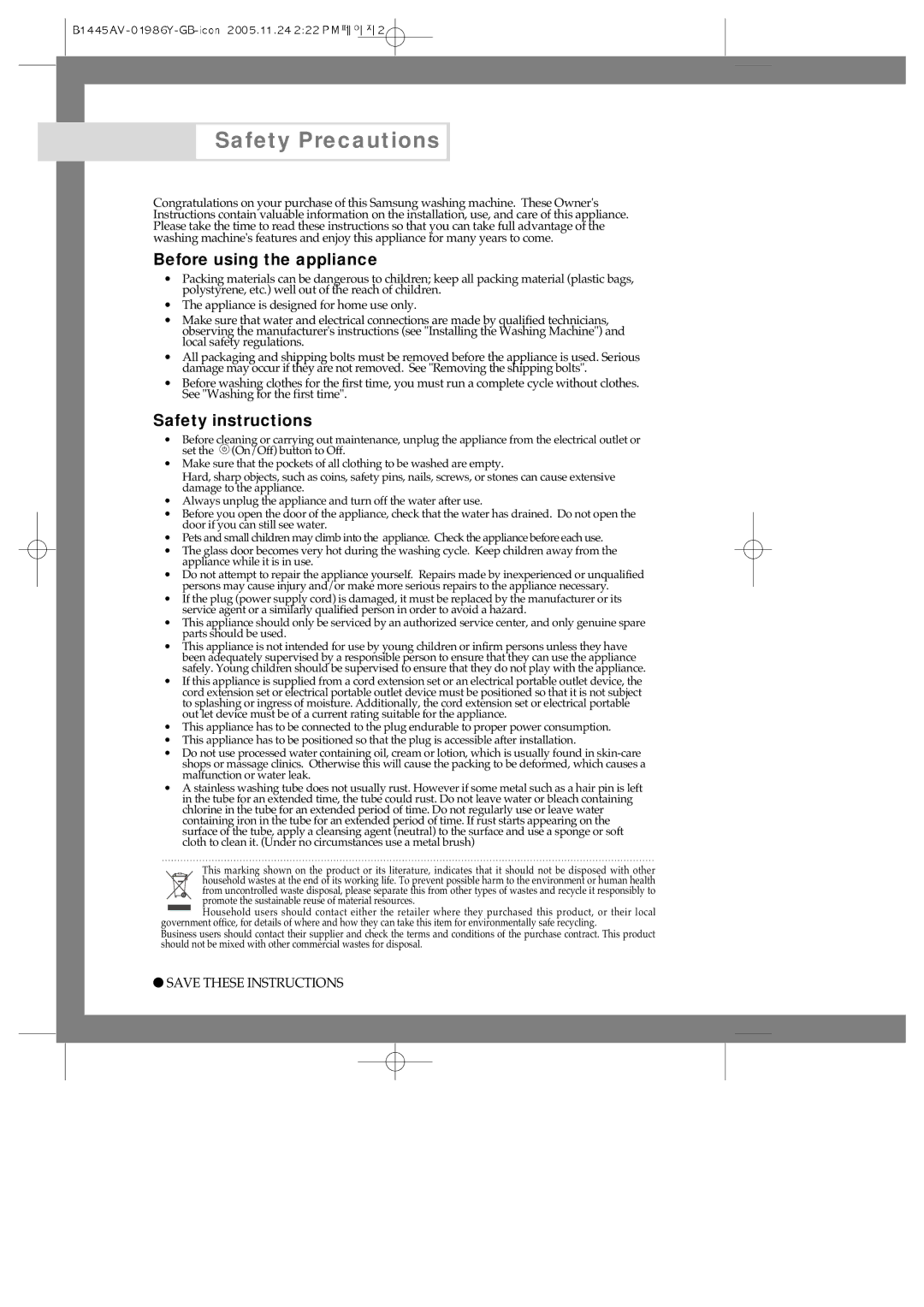 Samsung R1045AVGW1/XEH manual Before using the appliance, Safety instructions 