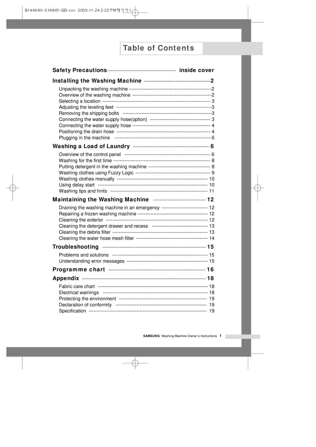 Samsung R1045AVGW1/XEH manual Table of Contents 