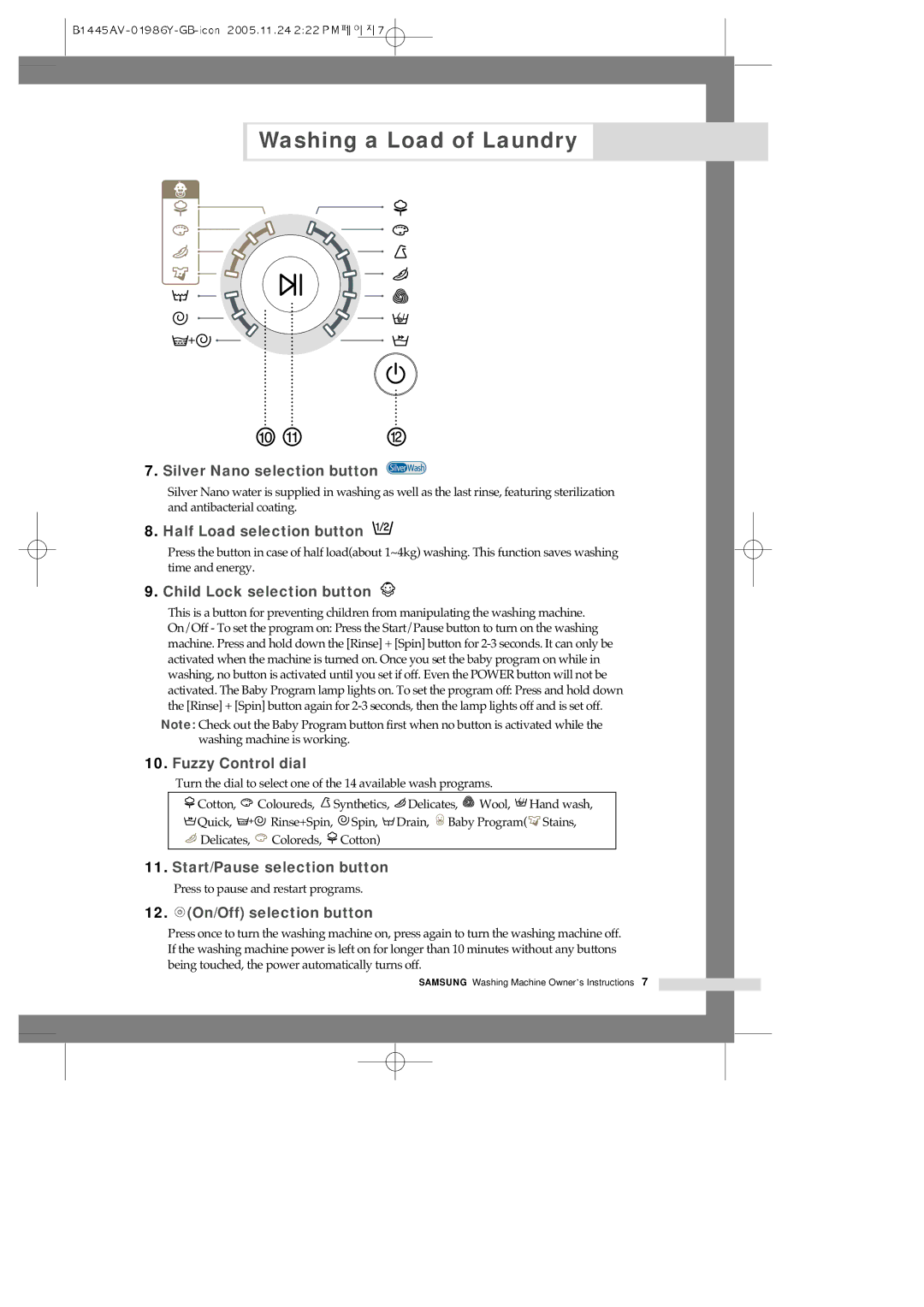 Samsung R1045AVGW1/XEH manual Start/Pause selection button 