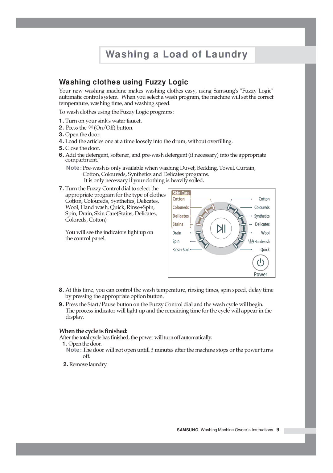 Samsung WF8592FFC/YLP, R1245GW/XAG manual Washing clothes using Fuzzy Logic, When the cycle is finished 