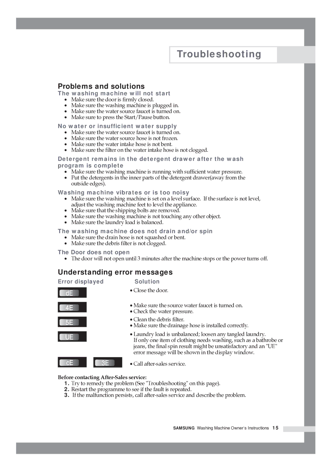 Samsung WF8592FFC/YLP, R1245GW/XAG manual Troubleshooting, Problems and solutions, Understanding error messages 