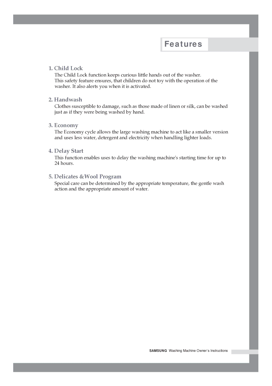 Samsung WF8592FFC/YLP, R1245GW/XAG manual Features, Child Lock 