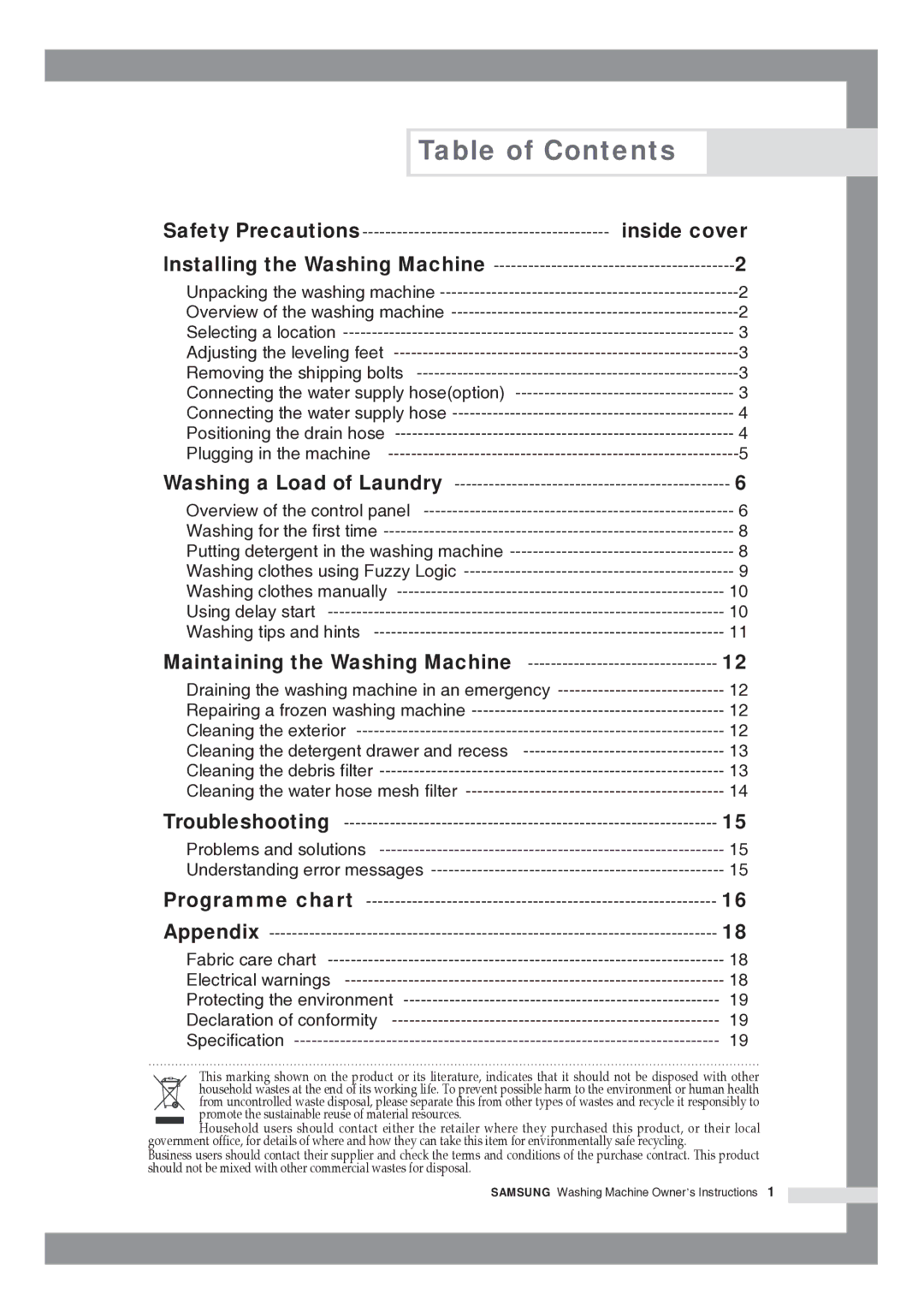 Samsung WF8592FFC/YLP, R1245GW/XAG manual Table of Contents 