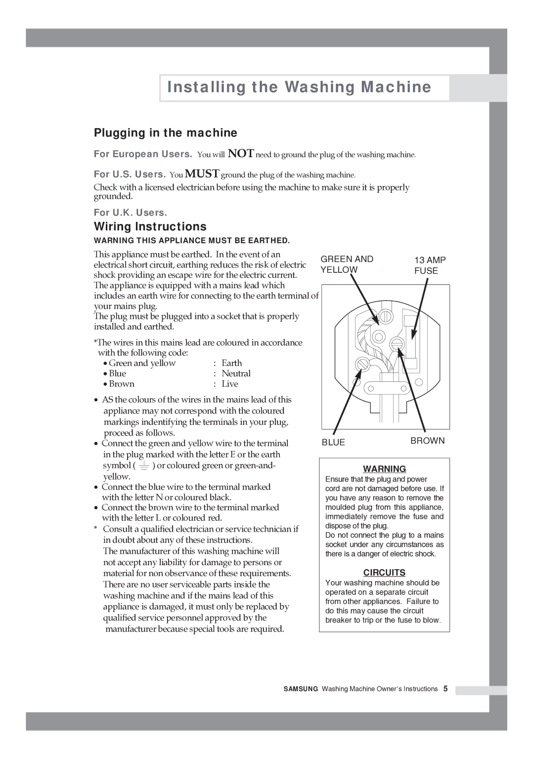 Samsung WF8592FFC/YLP, R1245GW/XAG manual Plugging in the machine, Wiring lnstructions 