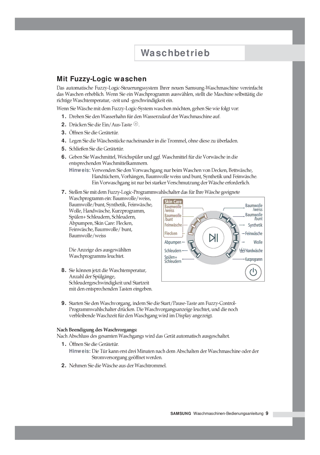 Samsung R1245GW/XAG manual Mit Fuzzy-Logic waschen, Nach Beendigung des Waschvorgangs 