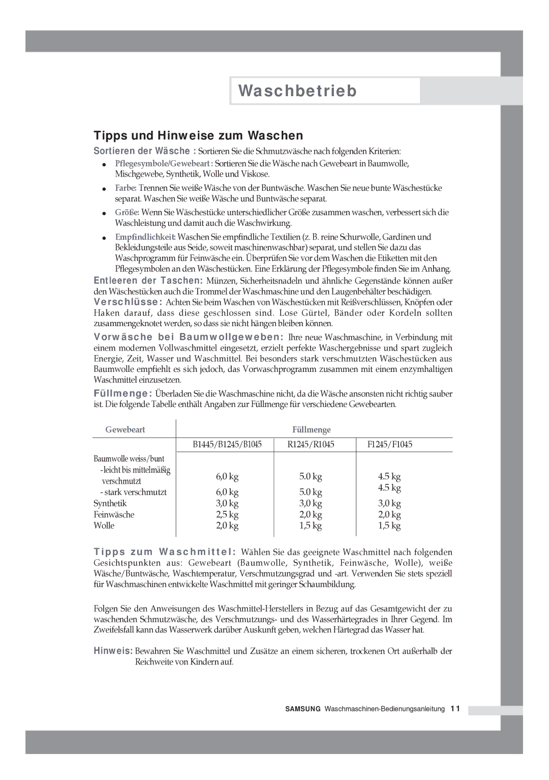 Samsung R1245GW/XAG manual Tipps und Hinweise zum Waschen, R1245/R1045 F1245/F1045, Verschmutzt 