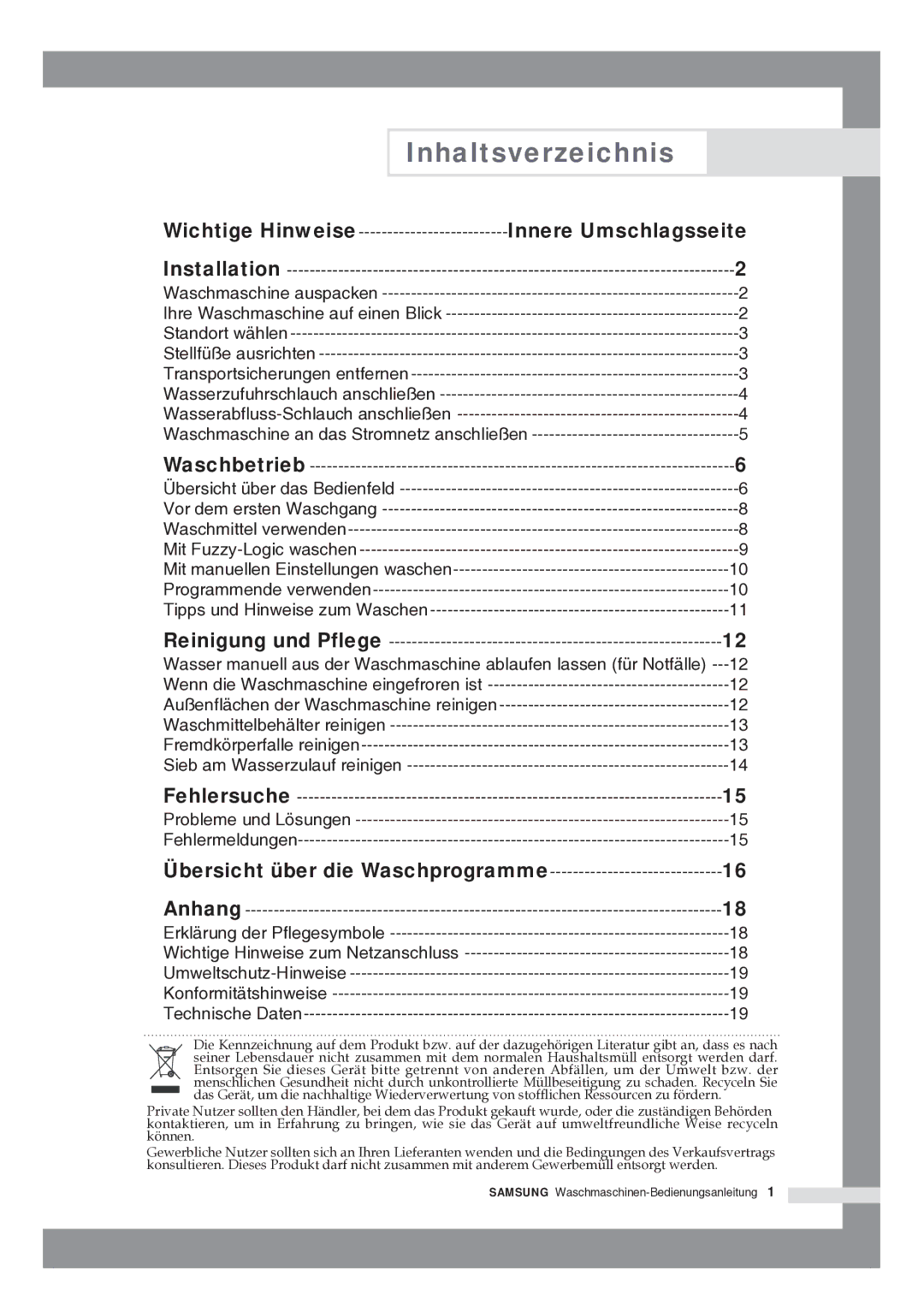 Samsung R1245GW/XAG manual Inhaltsverzeichnis, Innere Umschlagsseite, Übersicht über die Waschprogramme 