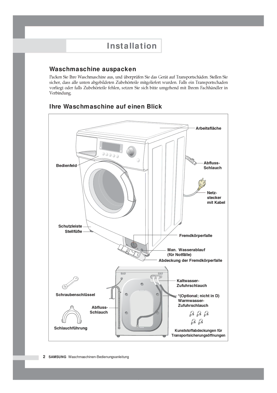 Samsung R1245GW/XAG manual Installation, Waschmaschine auspacken, Ihre Waschmaschine auf einen Blick 