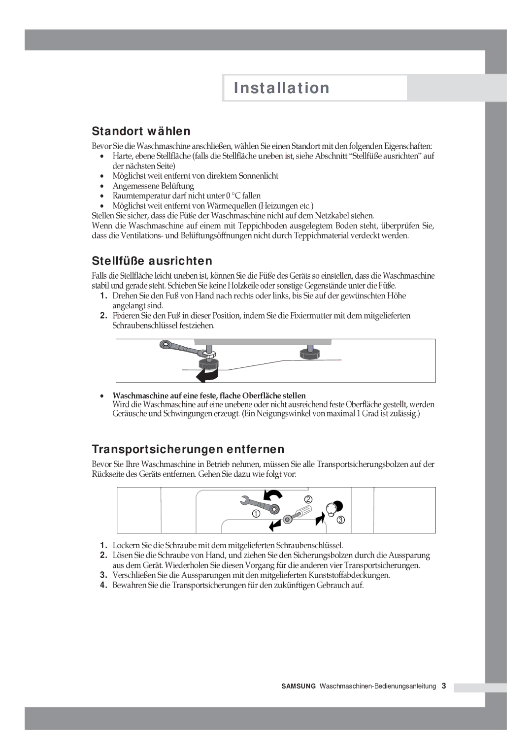 Samsung R1245GW/XAG manual Standort wählen, Stellfüße ausrichten, Transportsicherungen entfernen 