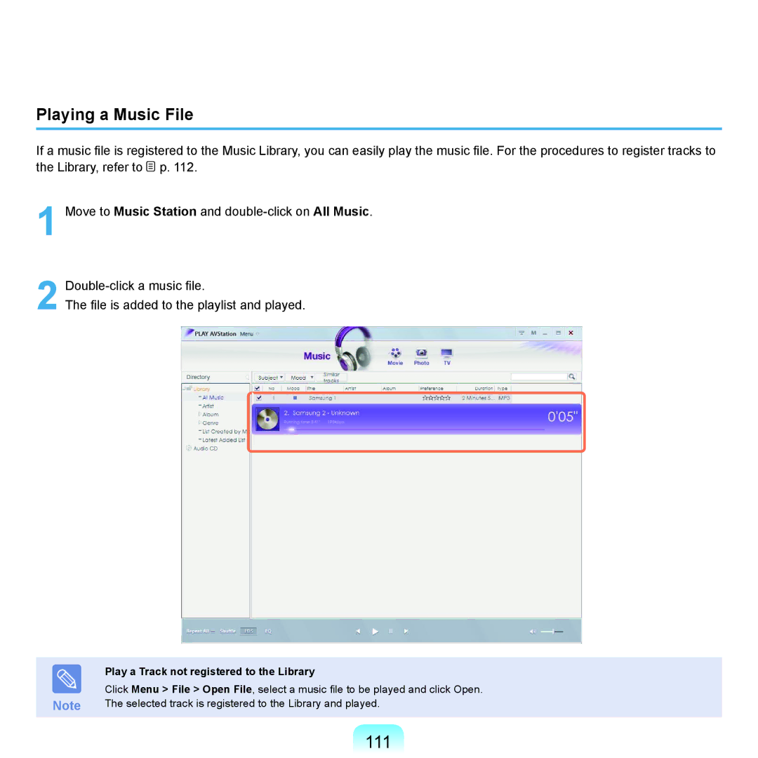 Samsung R25plus, R20plus, R26plus, R21plus, R19 111, Playing a Music File, Play a Track not registered to the Library 